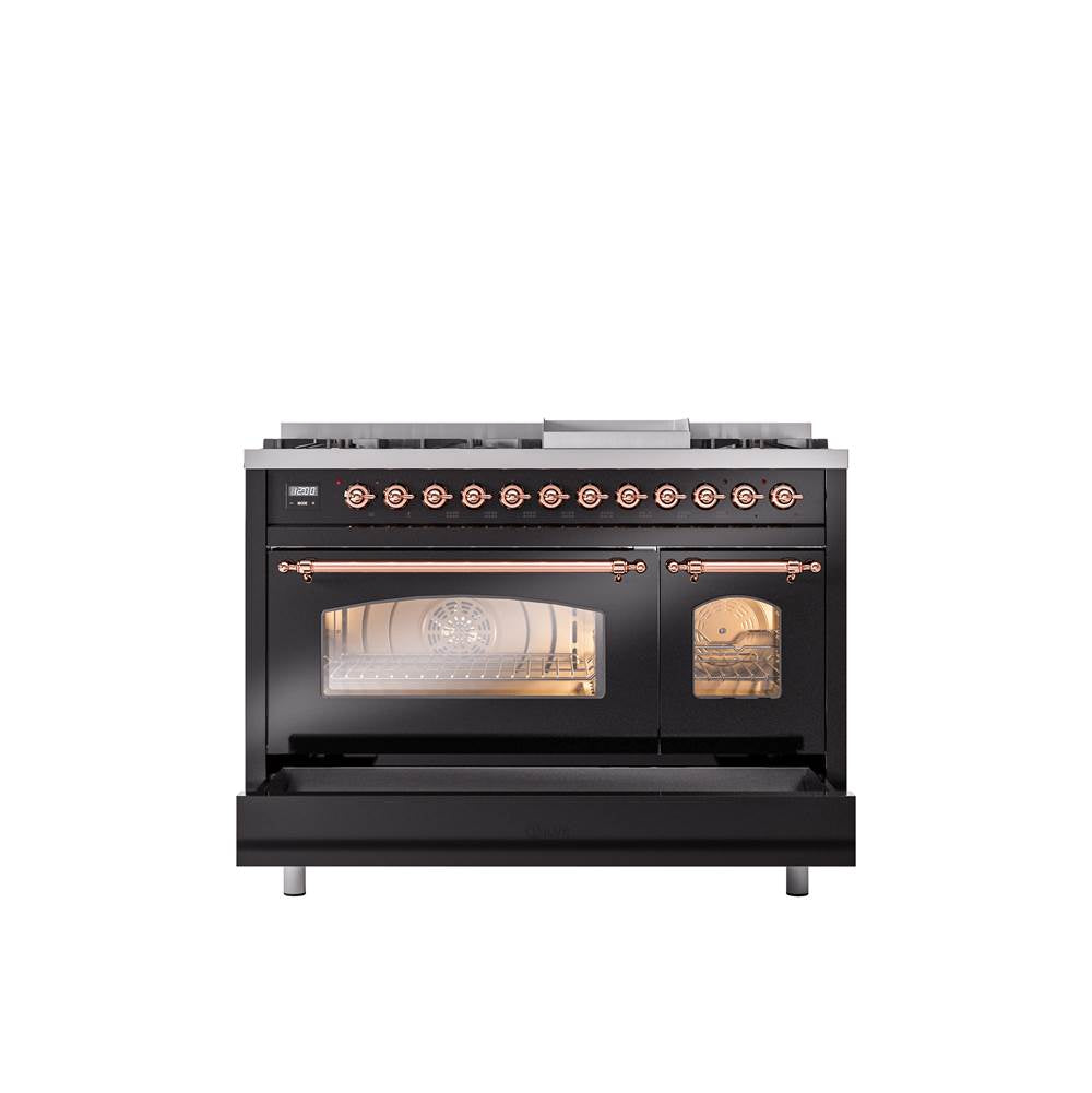 48'' Nostalgie II Series Freestanding Dual Fuel Range - Double Oven - Glossy Black - Bronze trim - Griddle - Natural Gas