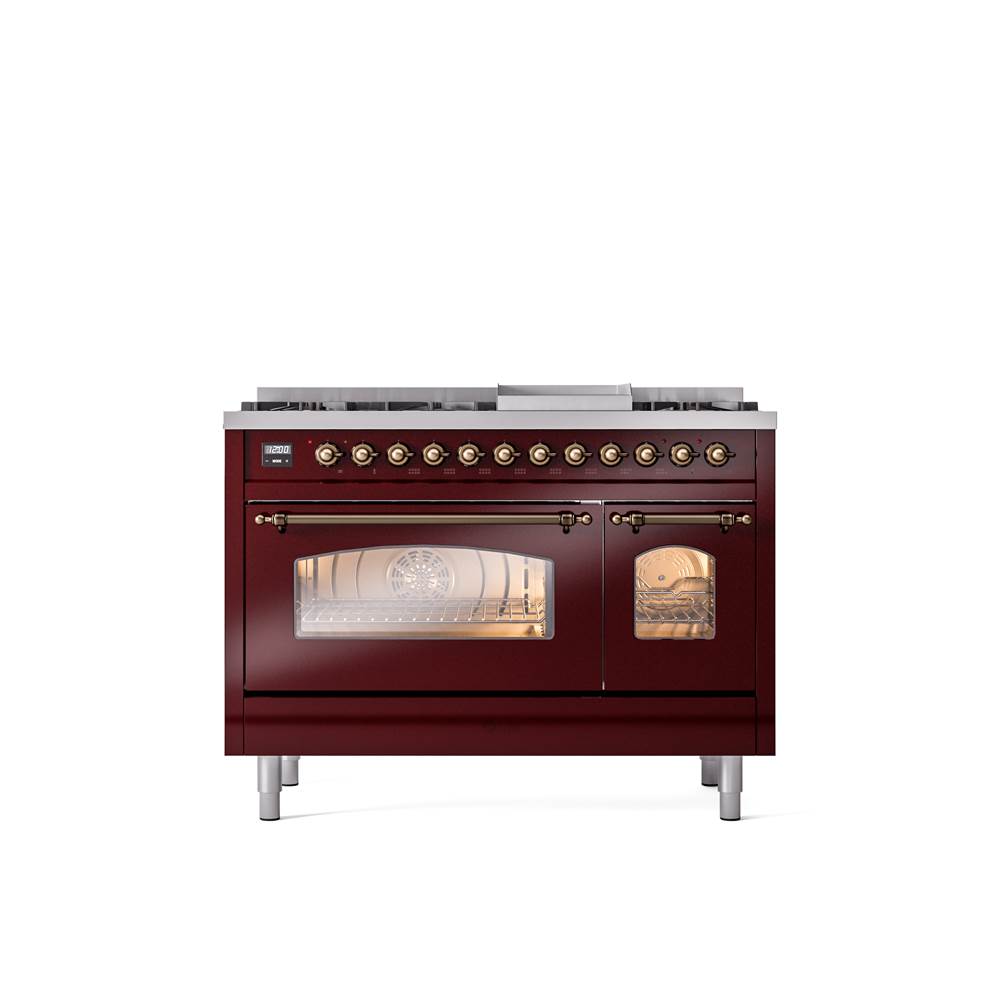 ILVE - 48'' Nostalgie II Series Freestanding Dual Fuel Range - Double Oven - Burgundy - Bronze trim - Griddle - Natural Gas - Bronze