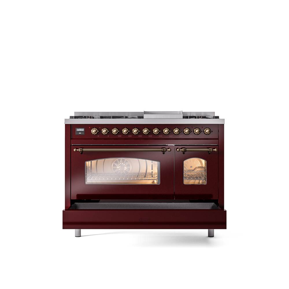 48'' Nostalgie II Series Freestanding Dual Fuel Range - Double Oven - Burgundy - Bronze trim - Griddle - Natural Gas