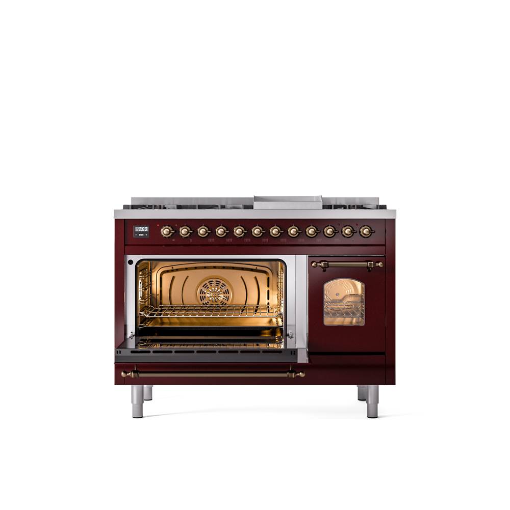 48'' Nostalgie II Series Freestanding Dual Fuel Range - Double Oven - Burgundy - Bronze trim - Griddle - Natural Gas