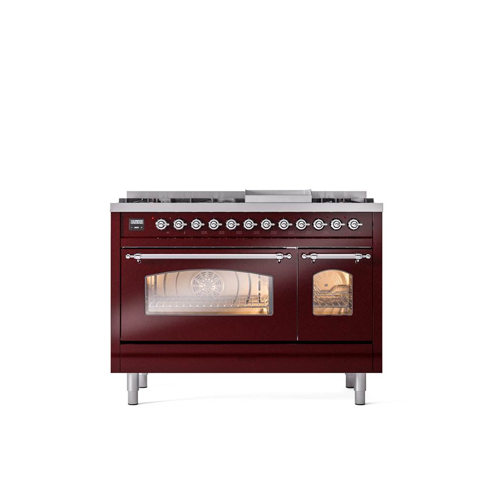 ILVE - 48'' Nostalgie II Series Freestanding Dual Fuel Range - Double Oven - Burgundy - Chrome trim - Griddle - Natural Gas - Chrome