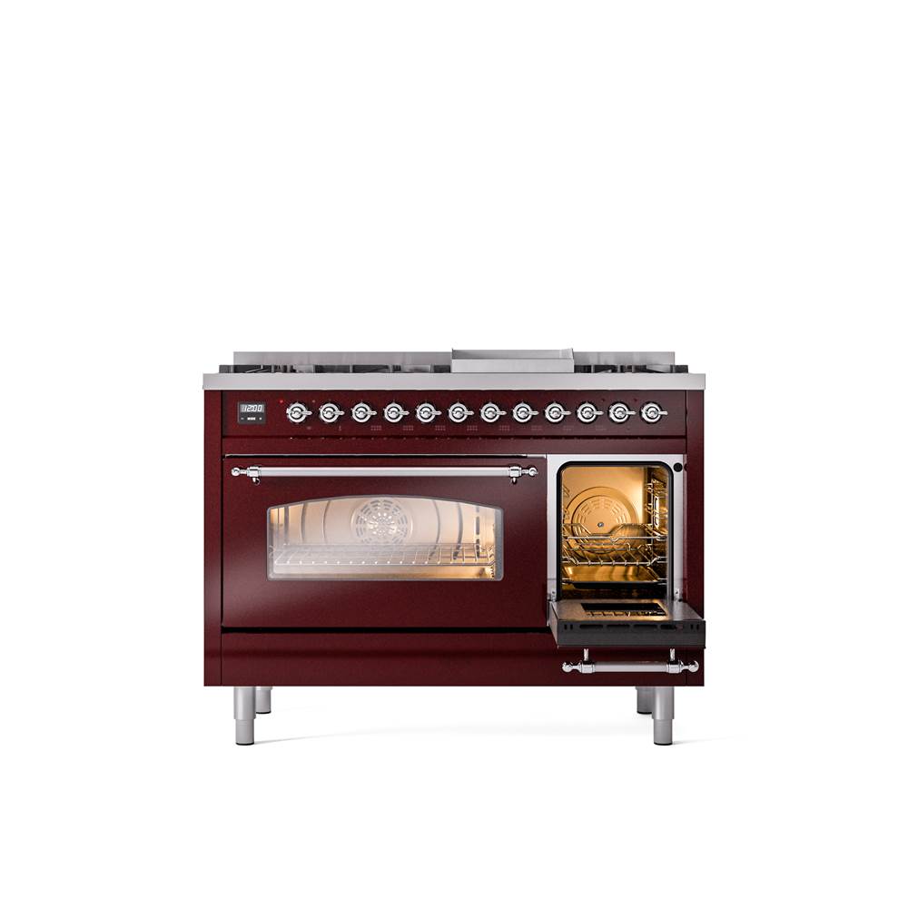 48'' Nostalgie II Series Freestanding Dual Fuel Range - Double Oven - Burgundy - Bronze trim - Griddle - Natural Gas