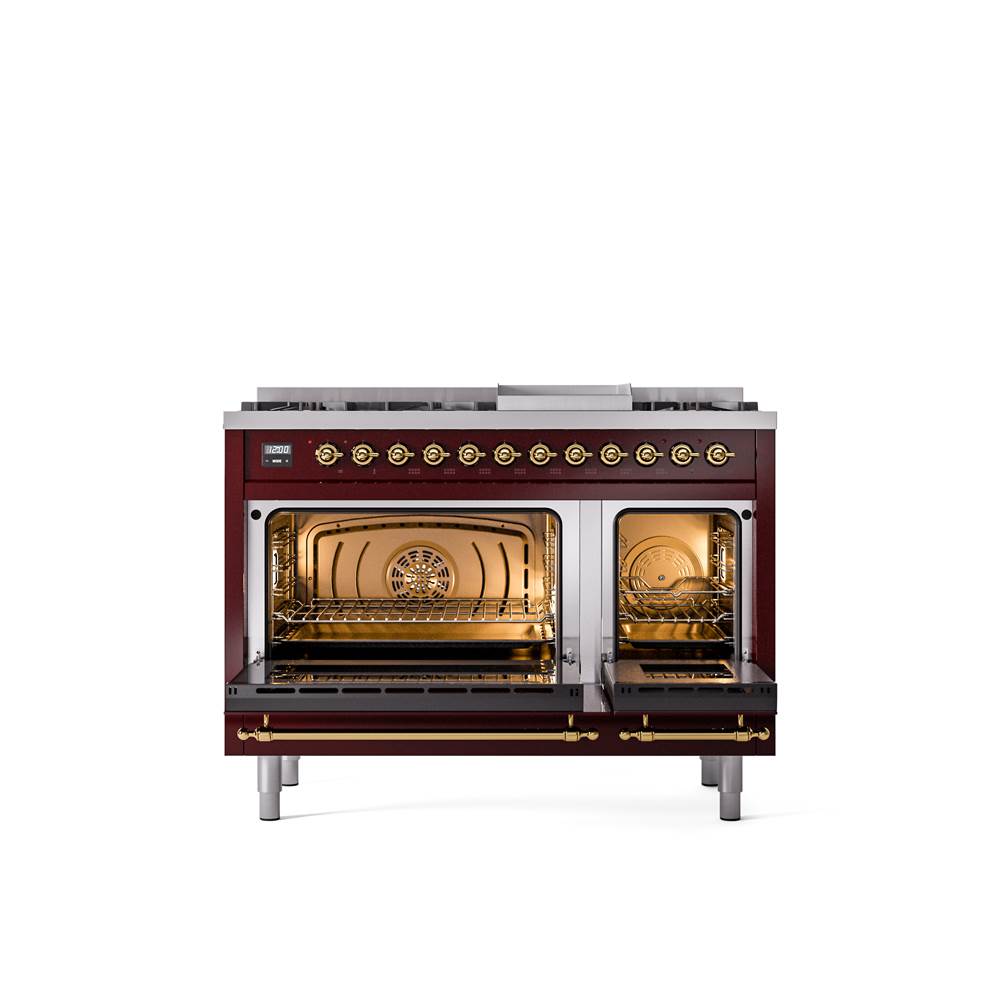 48'' Nostalgie II Series Freestanding Dual Fuel Range - Double Oven - Burgundy - Bronze trim - Griddle - Natural Gas