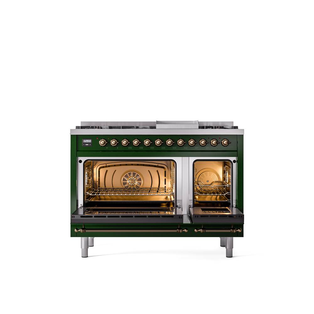 48'' Nostalgie II Series Freestanding Dual Fuel Range - Double Oven - Emerald Green - Bronze trim - Griddle - Natural Gas