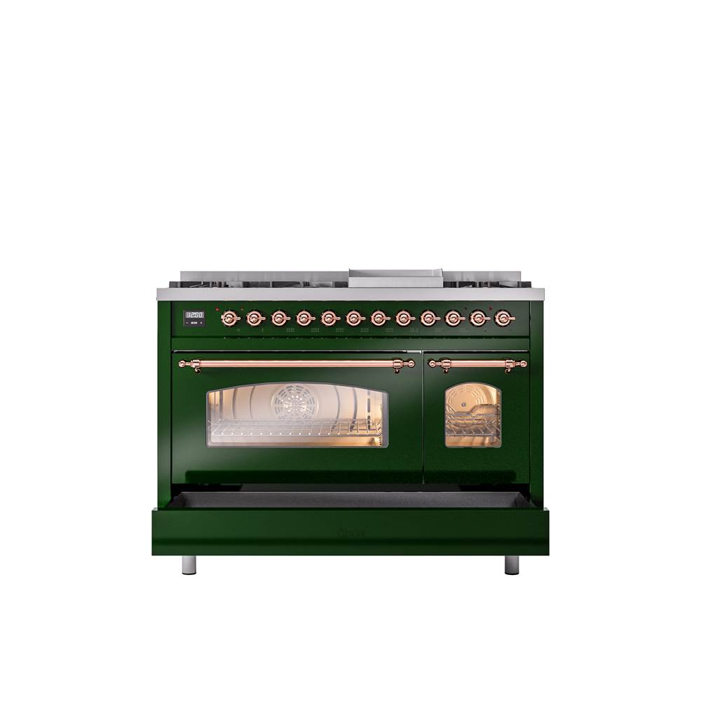 48'' Nostalgie II Series Freestanding Dual Fuel Range - Double Oven - Emerald Green - Bronze trim - Griddle - Natural Gas