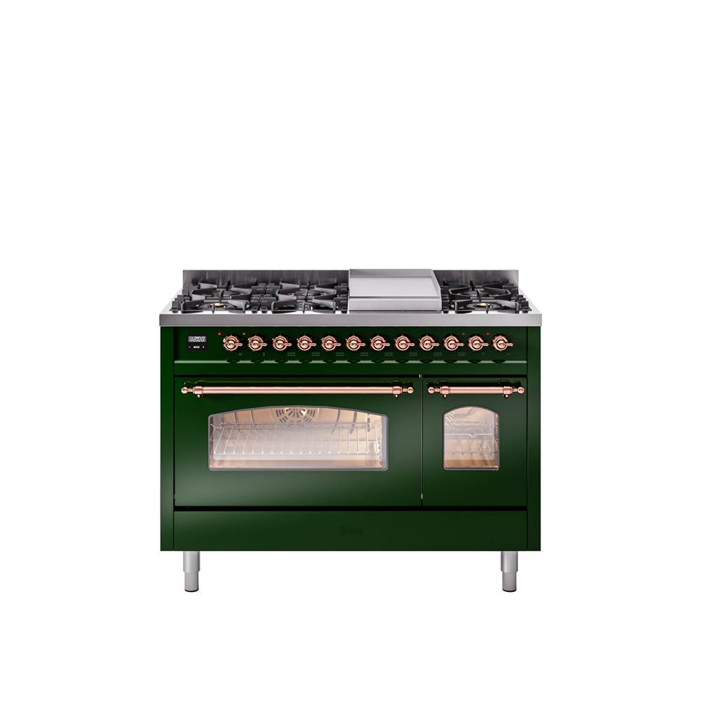 48'' Nostalgie II Series Freestanding Dual Fuel Range - Double Oven - Emerald Green - Bronze trim - Griddle - Natural Gas