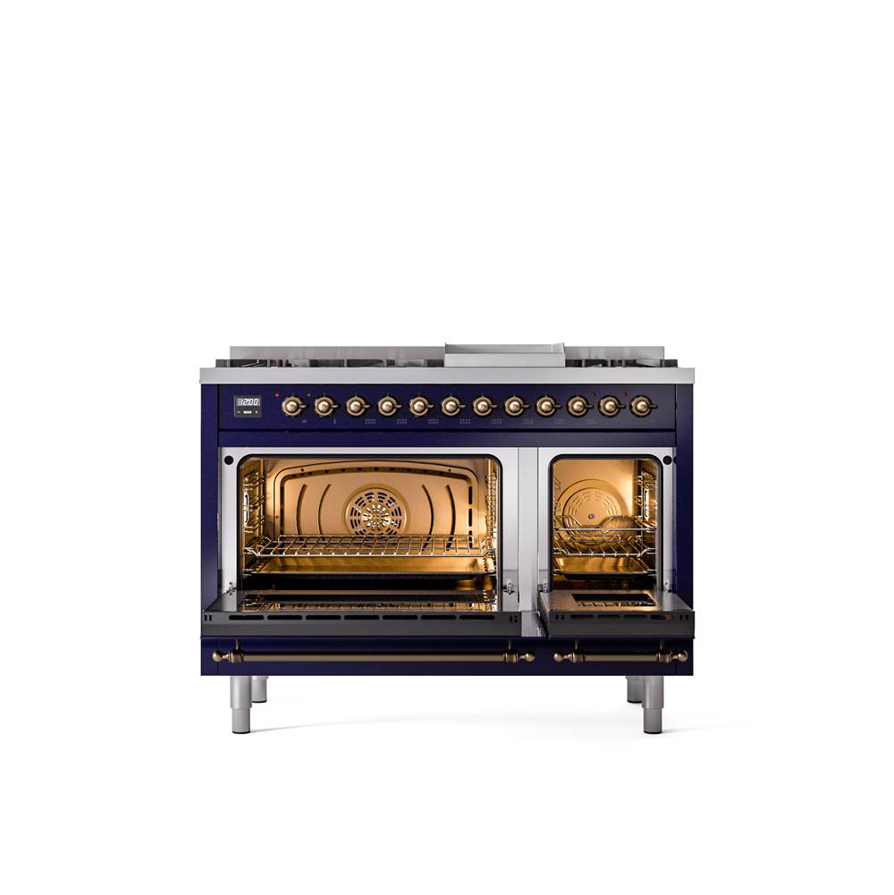 48'' Nostalgie II Series Freestanding Dual Fuel Range - Double Oven - Midnight Blue - Bronze trim - Griddle - Natural Gas