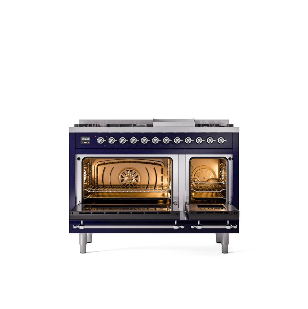 48'' Nostalgie II Series Freestanding Dual Fuel Range - Double Oven - Midnight Blue - Bronze trim - Griddle - Natural Gas