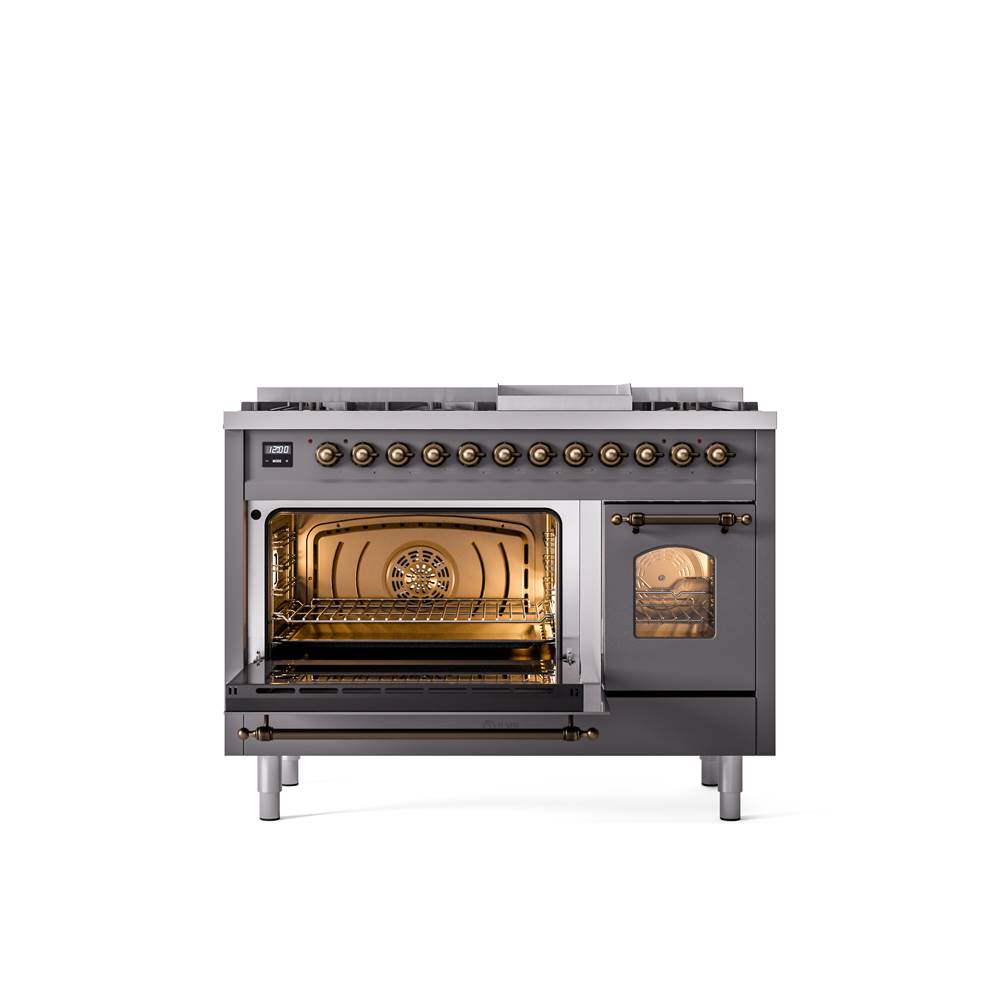 48'' Nostalgie II Series Freestanding Dual Fuel Range - Double Oven - Matte Graphite - Bronze trim - Griddle - Natural Gas