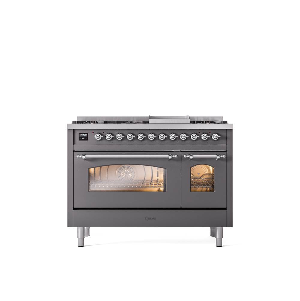 ILVE - 48'' Nostalgie II Series Freestanding Dual Fuel Range - Double Oven - Matte Graphite - Chrome trim - Griddle - Natural Gas - Chrome