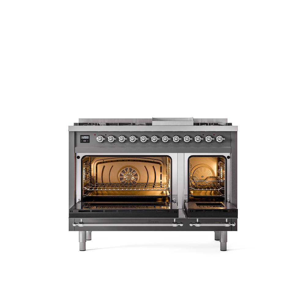 48'' Nostalgie II Series Freestanding Dual Fuel Range - Double Oven - Matte Graphite - Bronze trim - Griddle - Natural Gas