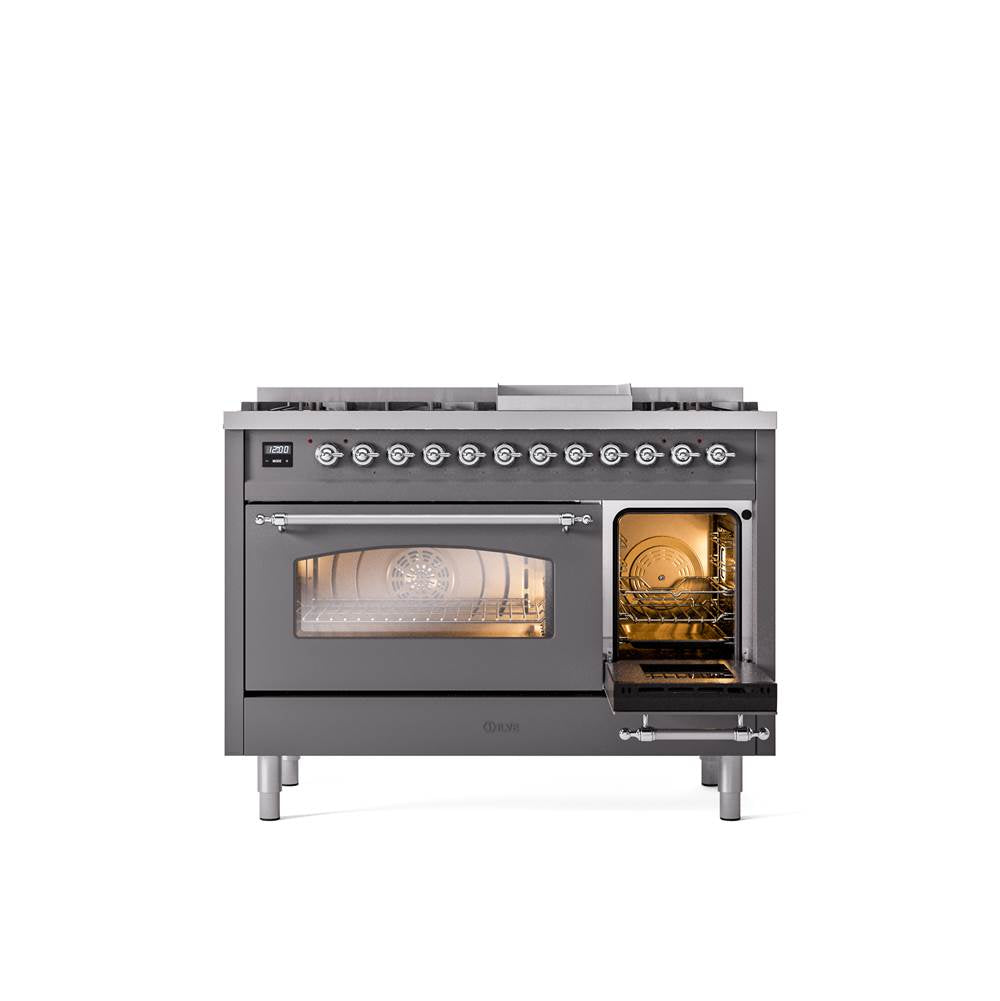 48'' Nostalgie II Series Freestanding Dual Fuel Range - Double Oven - Matte Graphite - Bronze trim - Griddle - Natural Gas