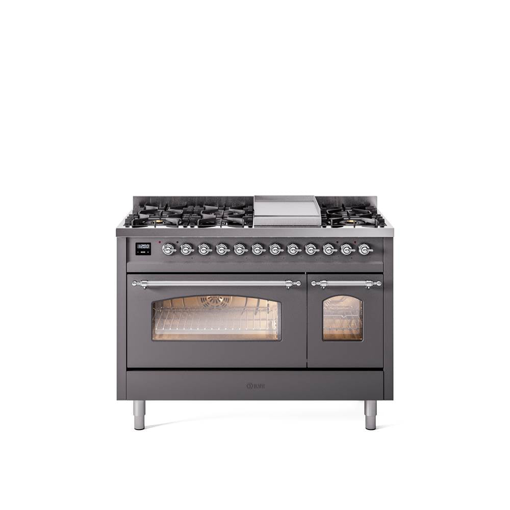 48'' Nostalgie II Series Freestanding Dual Fuel Range - Double Oven - Matte Graphite - Bronze trim - Griddle - Natural Gas