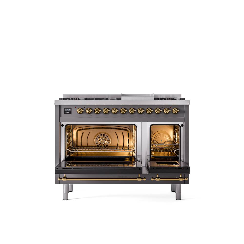 48'' Nostalgie II Series Freestanding Dual Fuel Range - Double Oven - Matte Graphite - Bronze trim - Griddle - Natural Gas