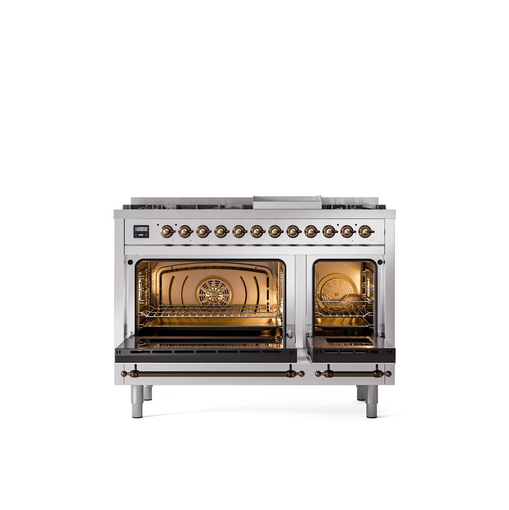 48'' Nostalgie II Series Freestanding Dual Fuel Range - Double Oven - Stainless Steel - Bronze trim - Griddle - Natural Gas