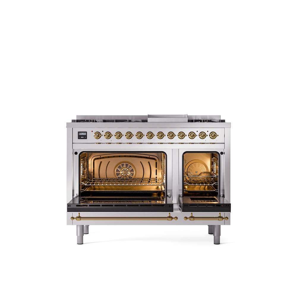 48'' Nostalgie II Series Freestanding Dual Fuel Range - Double Oven - Stainless Steel - Bronze trim - Griddle - Natural Gas