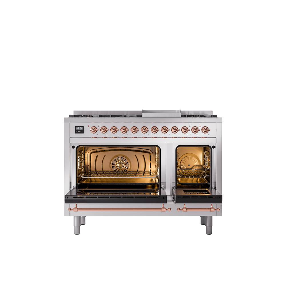 48'' Nostalgie II Series Freestanding Dual Fuel Range - Double Oven - Stainless Steel - Bronze trim - Griddle - Natural Gas