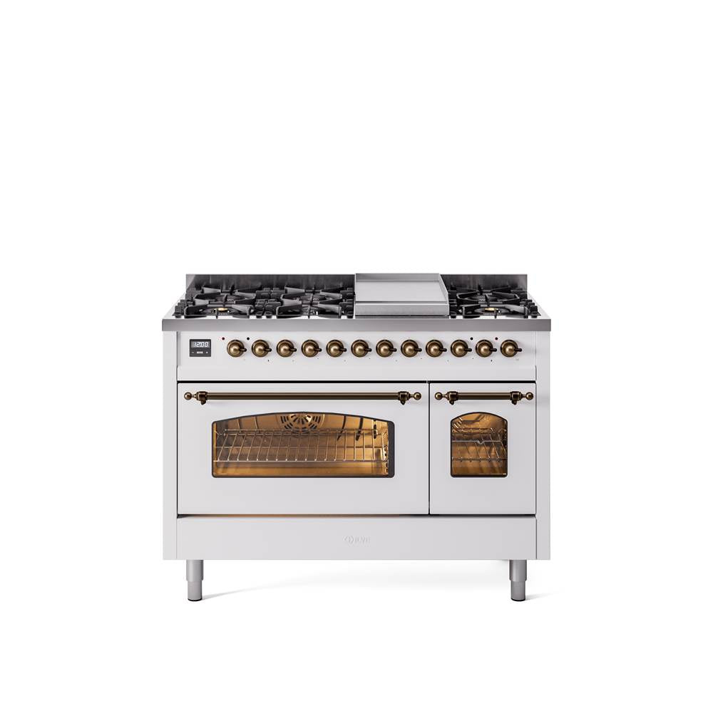 48'' Nostalgie II Series Freestanding Dual Fuel Range - Double Oven - White - Bronze trim - Griddle - Natural Gas