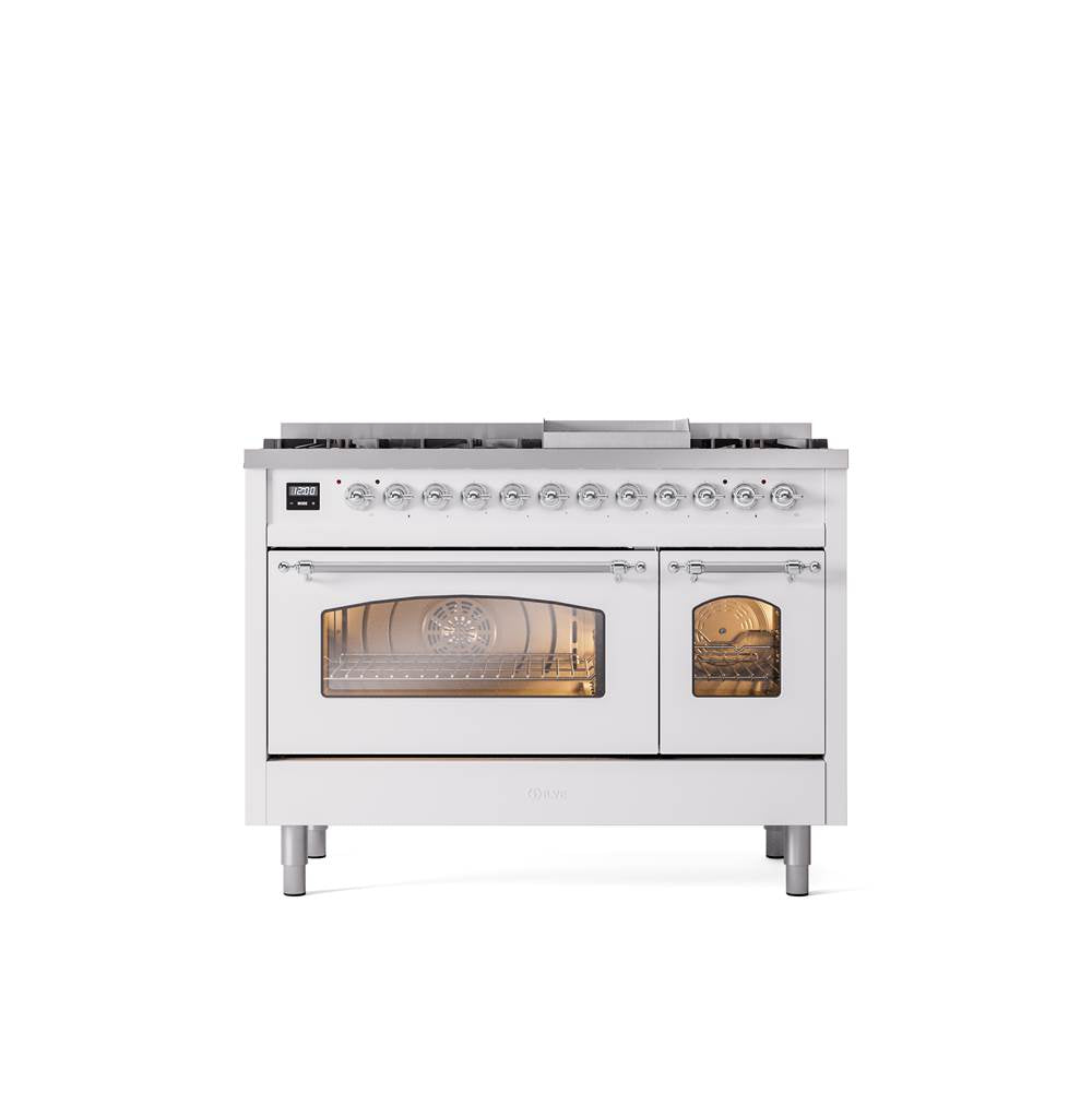 ILVE - 48'' Nostalgie II Series Freestanding Dual Fuel Range - Double Oven - White - Chrome trim - Griddle - Natural Gas - Chrome