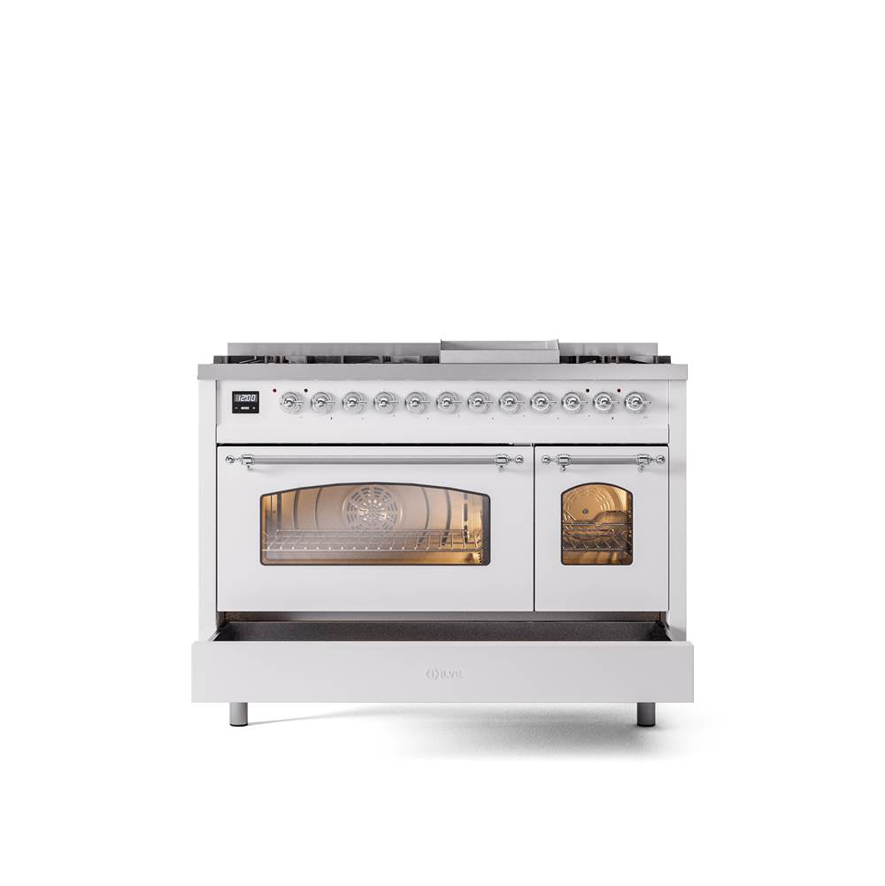 48'' Nostalgie II Series Freestanding Dual Fuel Range - Double Oven - White - Bronze trim - Griddle - Natural Gas