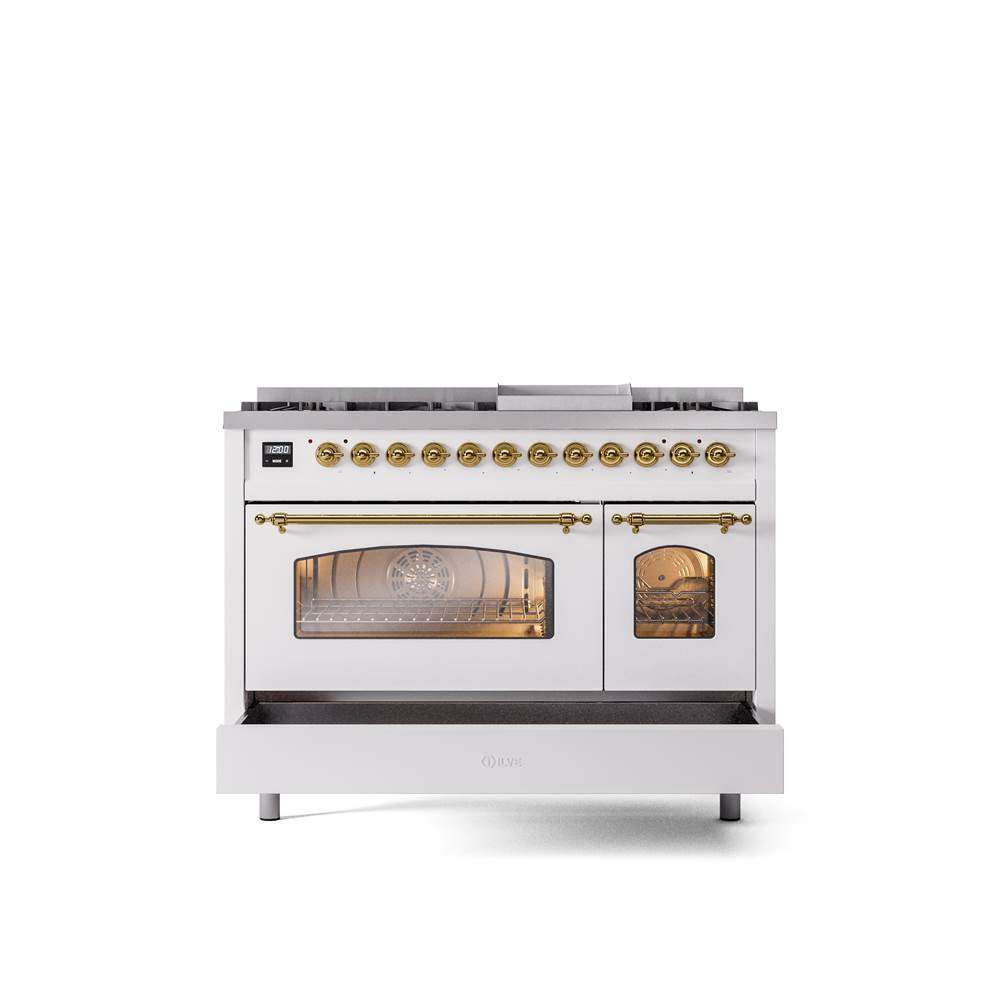 48'' Nostalgie II Series Freestanding Dual Fuel Range - Double Oven - White - Bronze trim - Griddle - Natural Gas