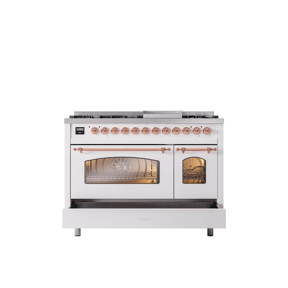 48'' Nostalgie II Series Freestanding Dual Fuel Range - Double Oven - White - Bronze trim - Griddle - Natural Gas