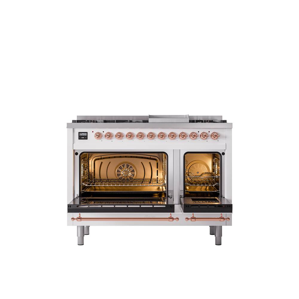 48'' Nostalgie II Series Freestanding Dual Fuel Range - Double Oven - White - Bronze trim - Griddle - Natural Gas