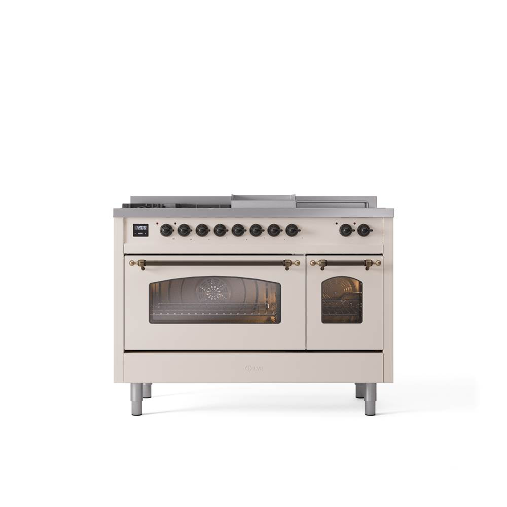 ILVE - 48'' Nostalgie II Series Freestanding Dual Fuel Range - Double Oven - Antique White - Bronze trim - Griddle, Coup de Feu,- Natural Gas - Bronze