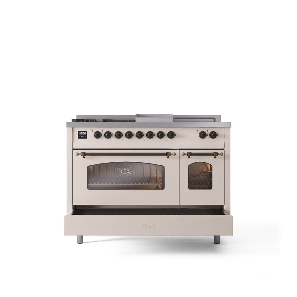 48'' Nostalgie II Series Freestanding Dual Fuel Range - Double Oven - Antique White - Bronze trim - Griddle, Coup de Feu,- Natural Gas