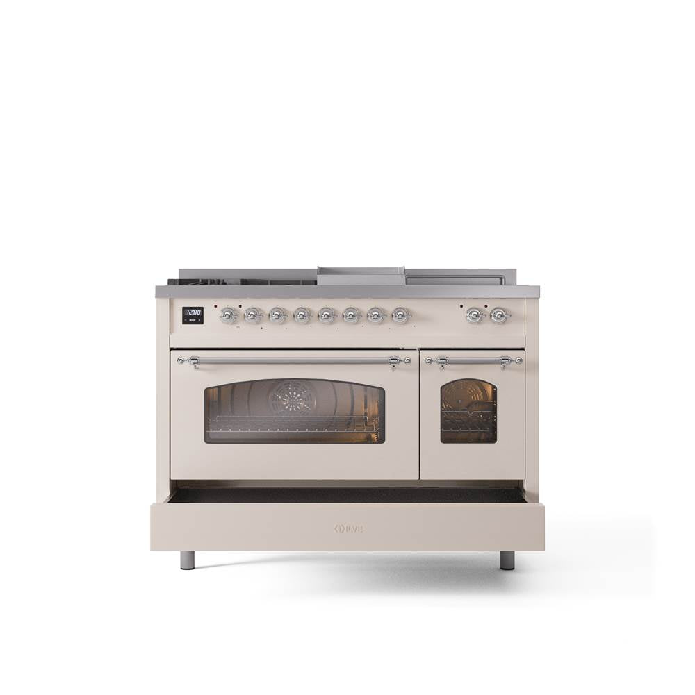 48'' Nostalgie II Series Freestanding Dual Fuel Range - Double Oven - Antique White - Bronze trim - Griddle, Coup de Feu,- Natural Gas
