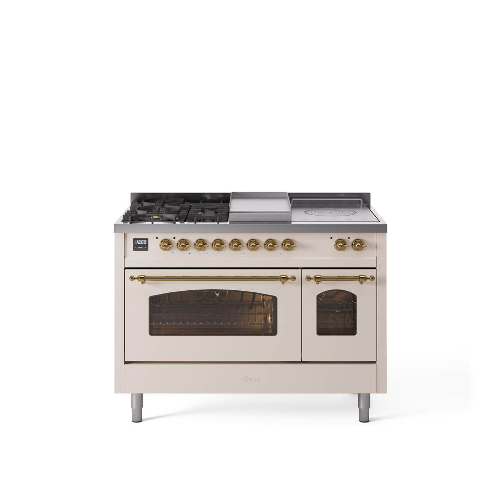 48'' Nostalgie II Series Freestanding Dual Fuel Range - Double Oven - Antique White - Bronze trim - Griddle, Coup de Feu,- Natural Gas
