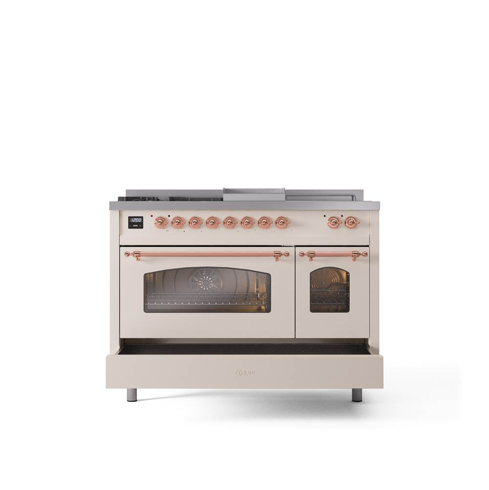 48'' Nostalgie II Series Freestanding Dual Fuel Range - Double Oven - Antique White - Bronze trim - Griddle, Coup de Feu,- Natural Gas