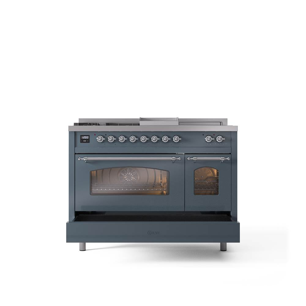 48'' Nostalgie II Series Freestanding Dual Fuel Range - Double Oven - Blue Grey - Bronze trim - Griddle, Coup de Feu,- Natural Gas