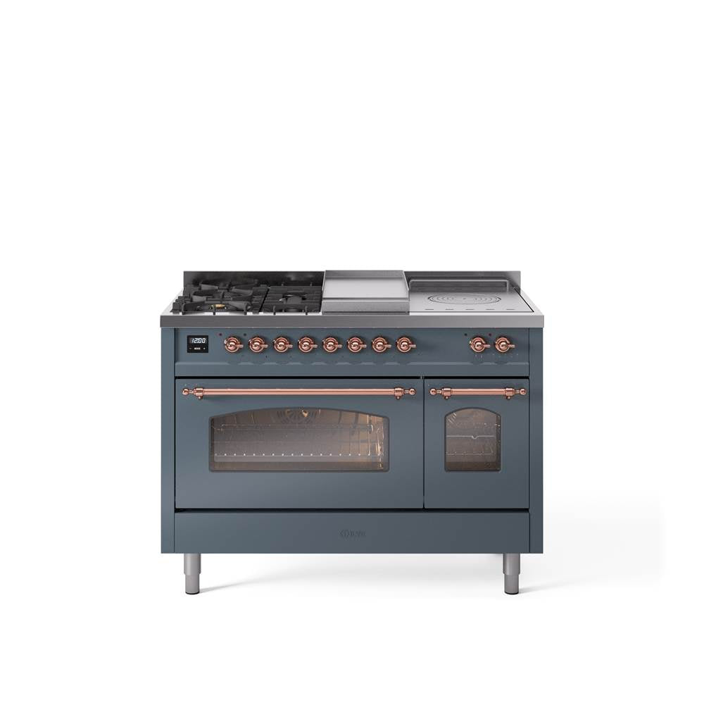 48'' Nostalgie II Series Freestanding Dual Fuel Range - Double Oven - Blue Grey - Bronze trim - Griddle, Coup de Feu,- Natural Gas