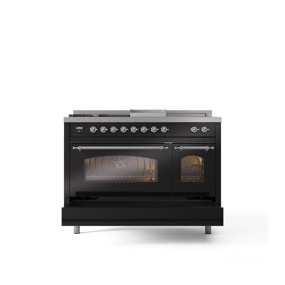 48'' Nostalgie II Series Freestanding Dual Fuel Range - Double Oven - Glossy Black - Bronze trim - Griddle, Coup de Feu,- Natural Gas