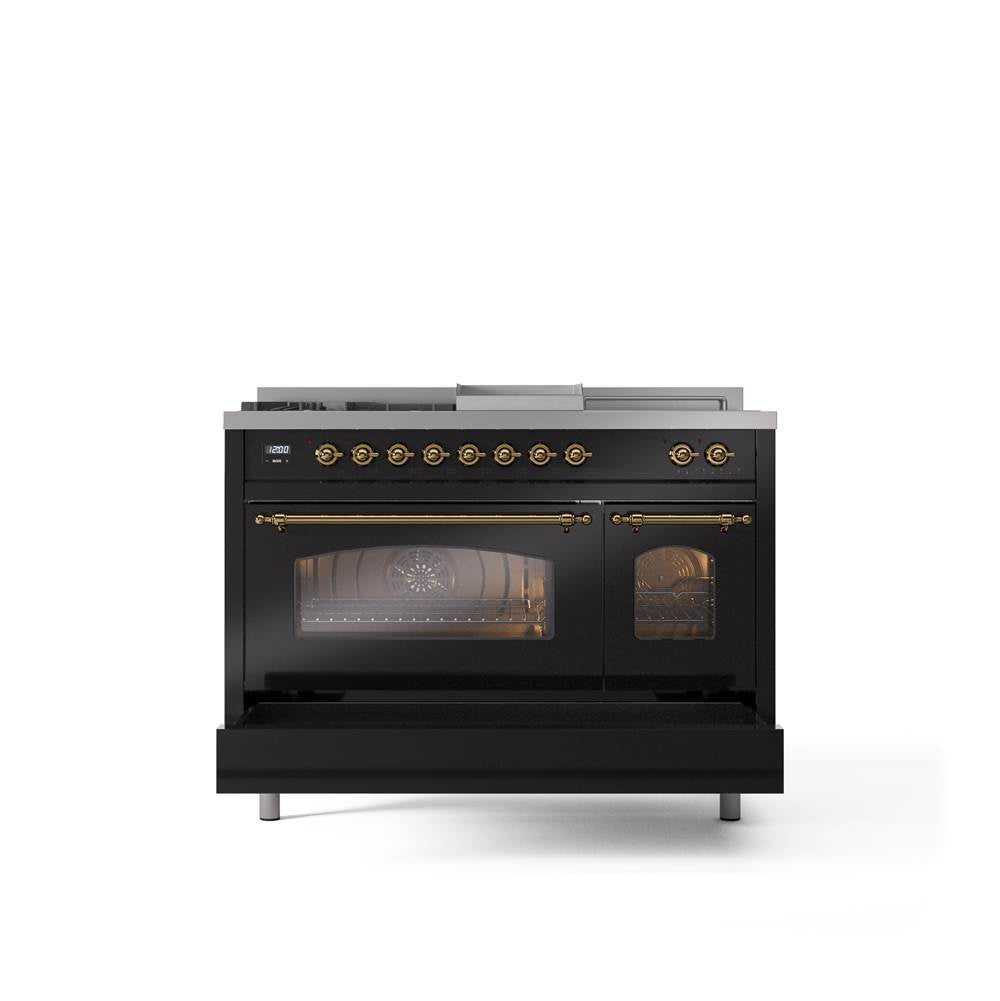 48'' Nostalgie II Series Freestanding Dual Fuel Range - Double Oven - Glossy Black - Bronze trim - Griddle, Coup de Feu,- Natural Gas