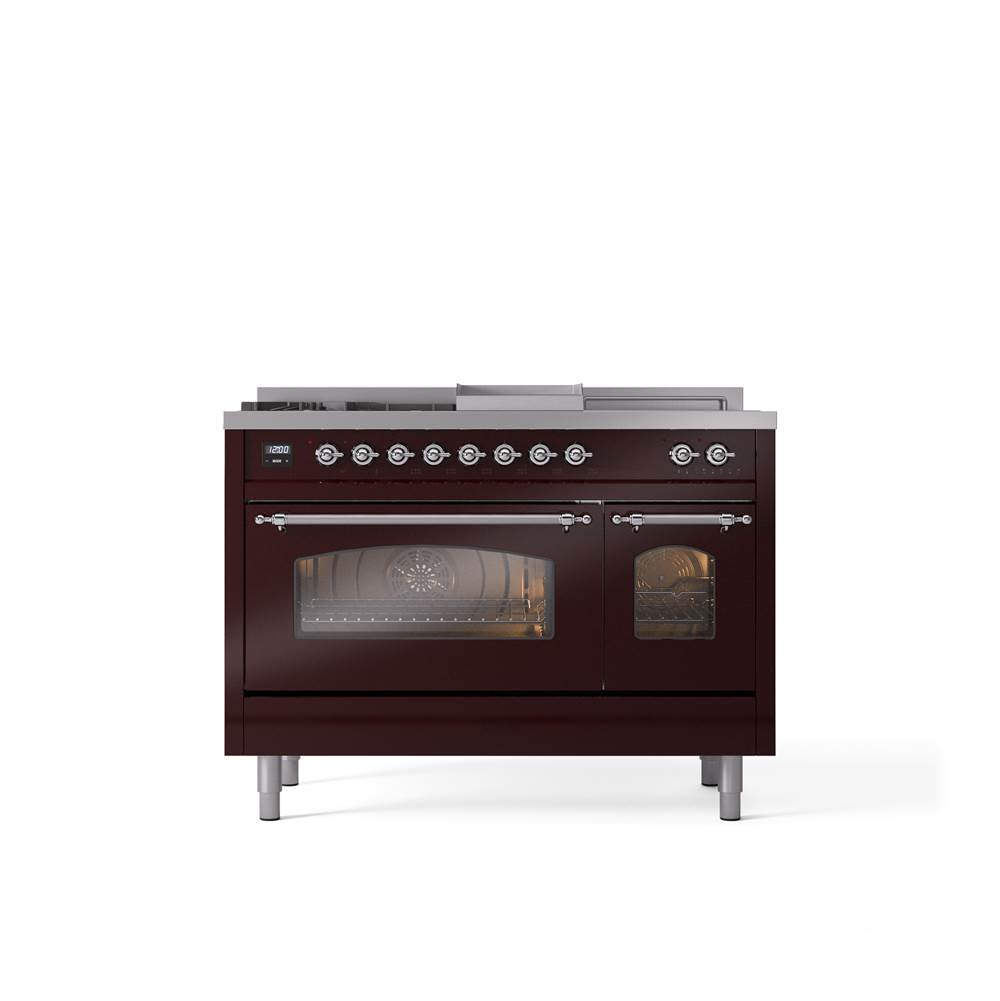 ILVE - 48'' Nostalgie II Series Freestanding Dual Fuel Range - Double Oven - Burgundy - Chrome trim - Griddle, Coup de Feu,- Natural Gas - Chrome