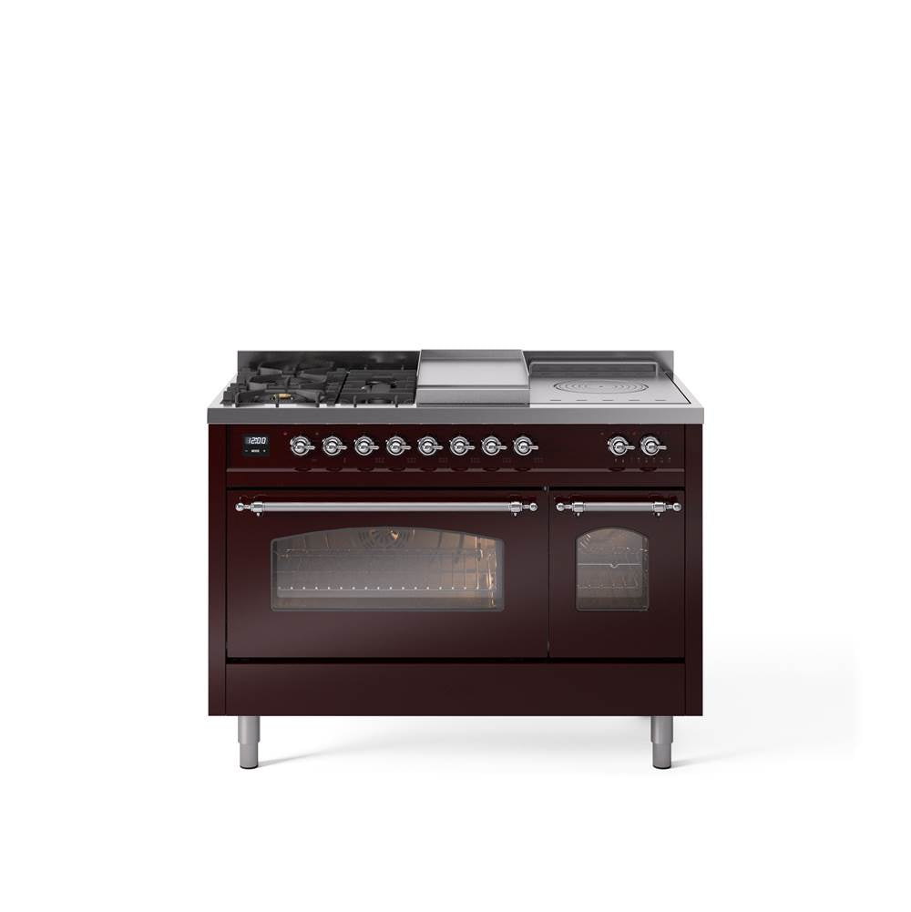 48'' Nostalgie II Series Freestanding Dual Fuel Range - Double Oven - Burgundy - Bronze trim - Griddle, Coup de Feu,- Natural Gas