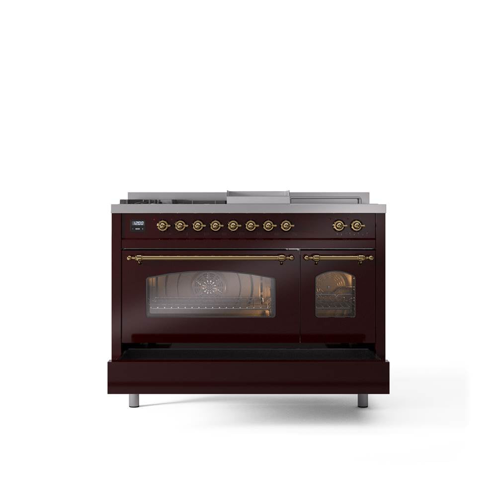 48'' Nostalgie II Series Freestanding Dual Fuel Range - Double Oven - Burgundy - Bronze trim - Griddle, Coup de Feu,- Natural Gas