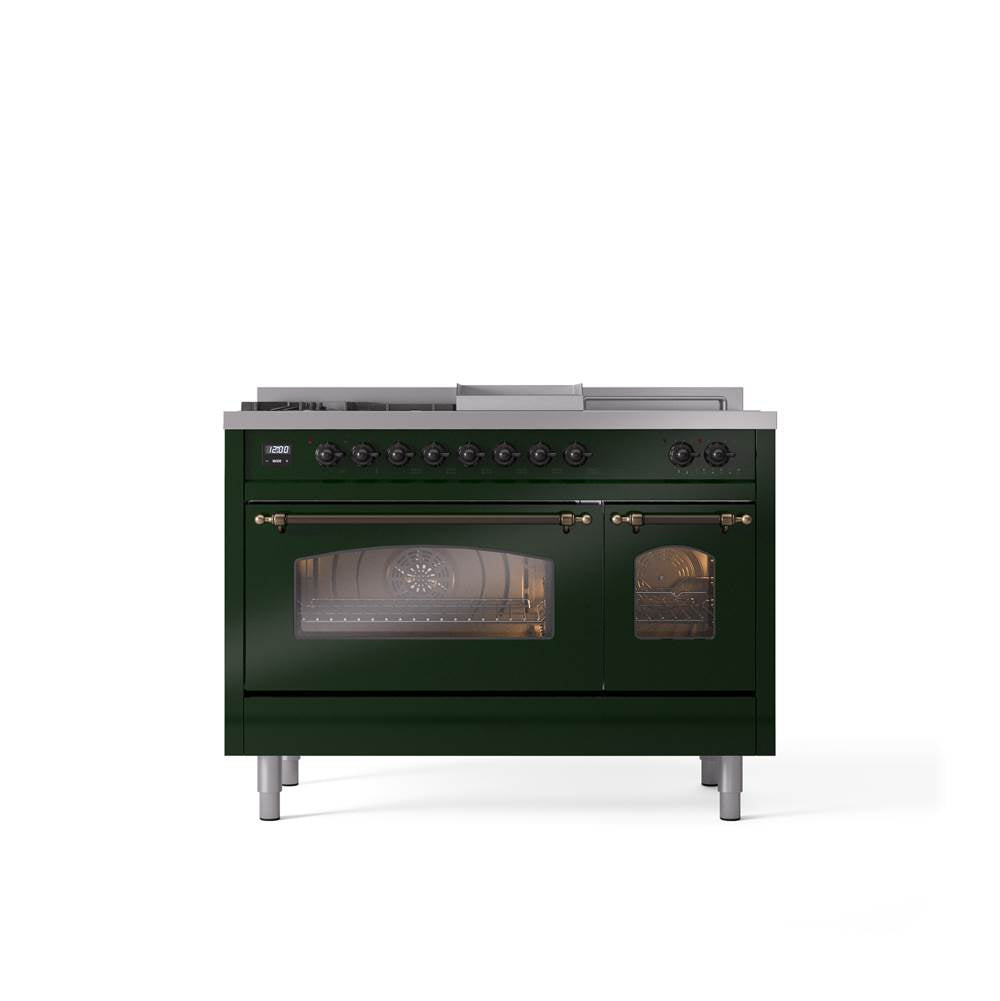 ILVE - 48'' Nostalgie II Series Freestanding Dual Fuel Range - Double Oven - Emerald Green - Bronze trim - Griddle, Coup de Feu,- Natural Gas - Bronze