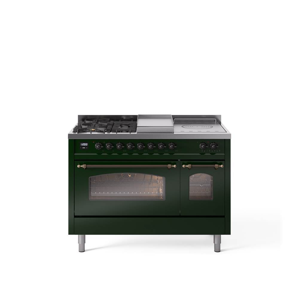 48'' Nostalgie II Series Freestanding Dual Fuel Range - Double Oven - Emerald Green - Bronze trim - Griddle, Coup de Feu,- Natural Gas