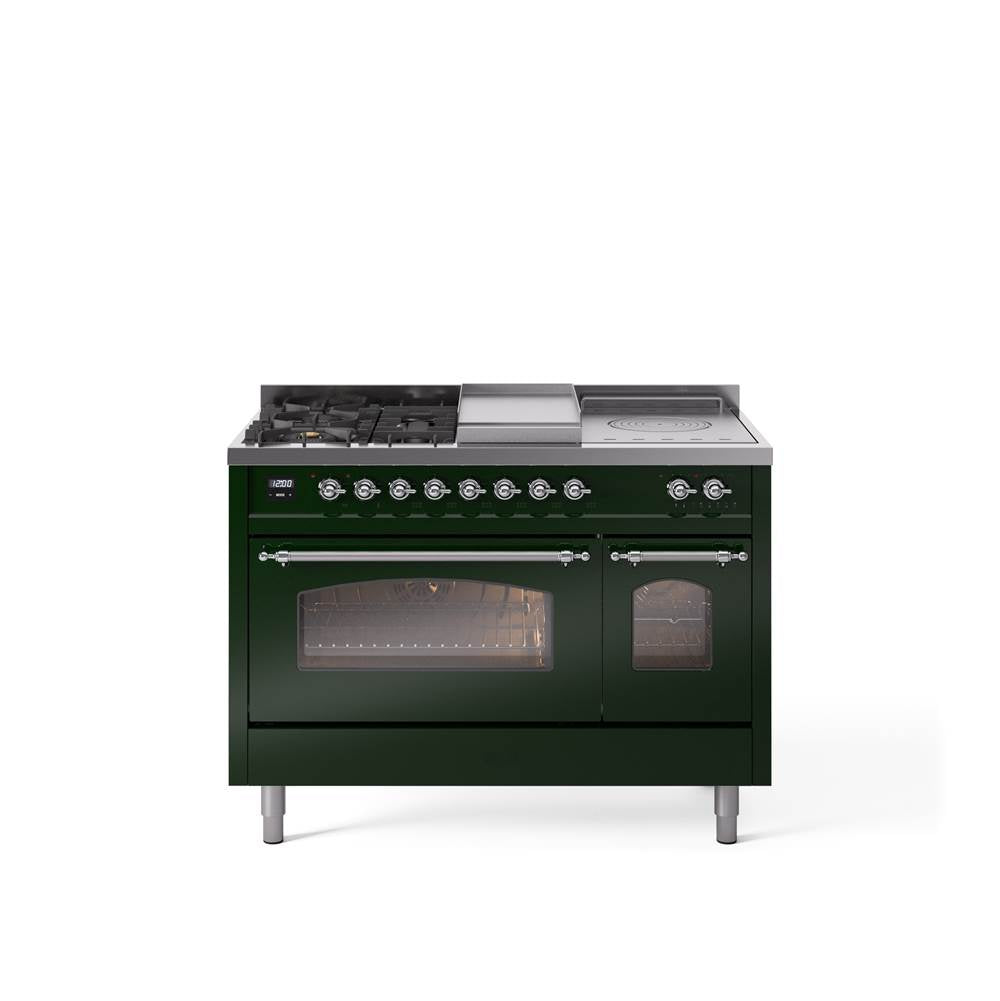 48'' Nostalgie II Series Freestanding Dual Fuel Range - Double Oven - Emerald Green - Bronze trim - Griddle, Coup de Feu,- Natural Gas