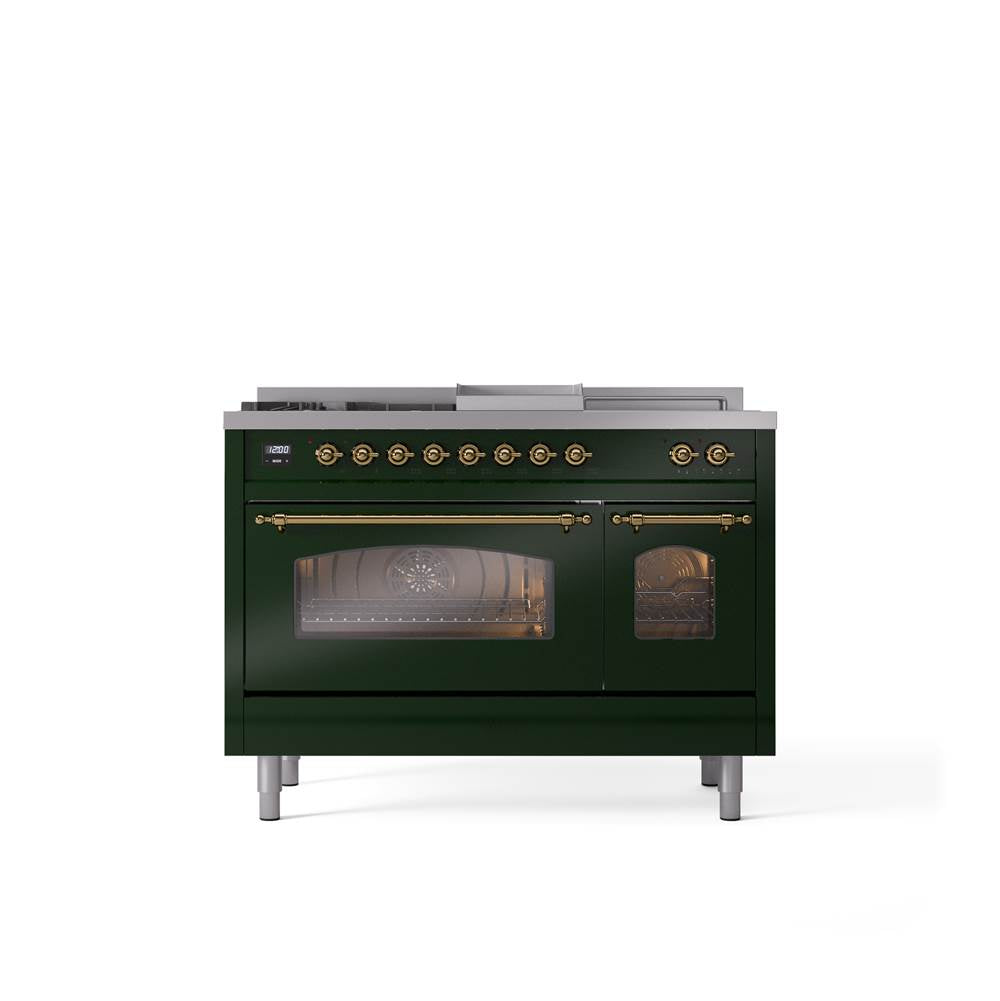ILVE - 48'' Nostalgie II Series Freestanding Dual Fuel Range - Double Oven - Emerald Green - Brass trim - Griddle, Coup de Feu,- Natural Gas - Brass