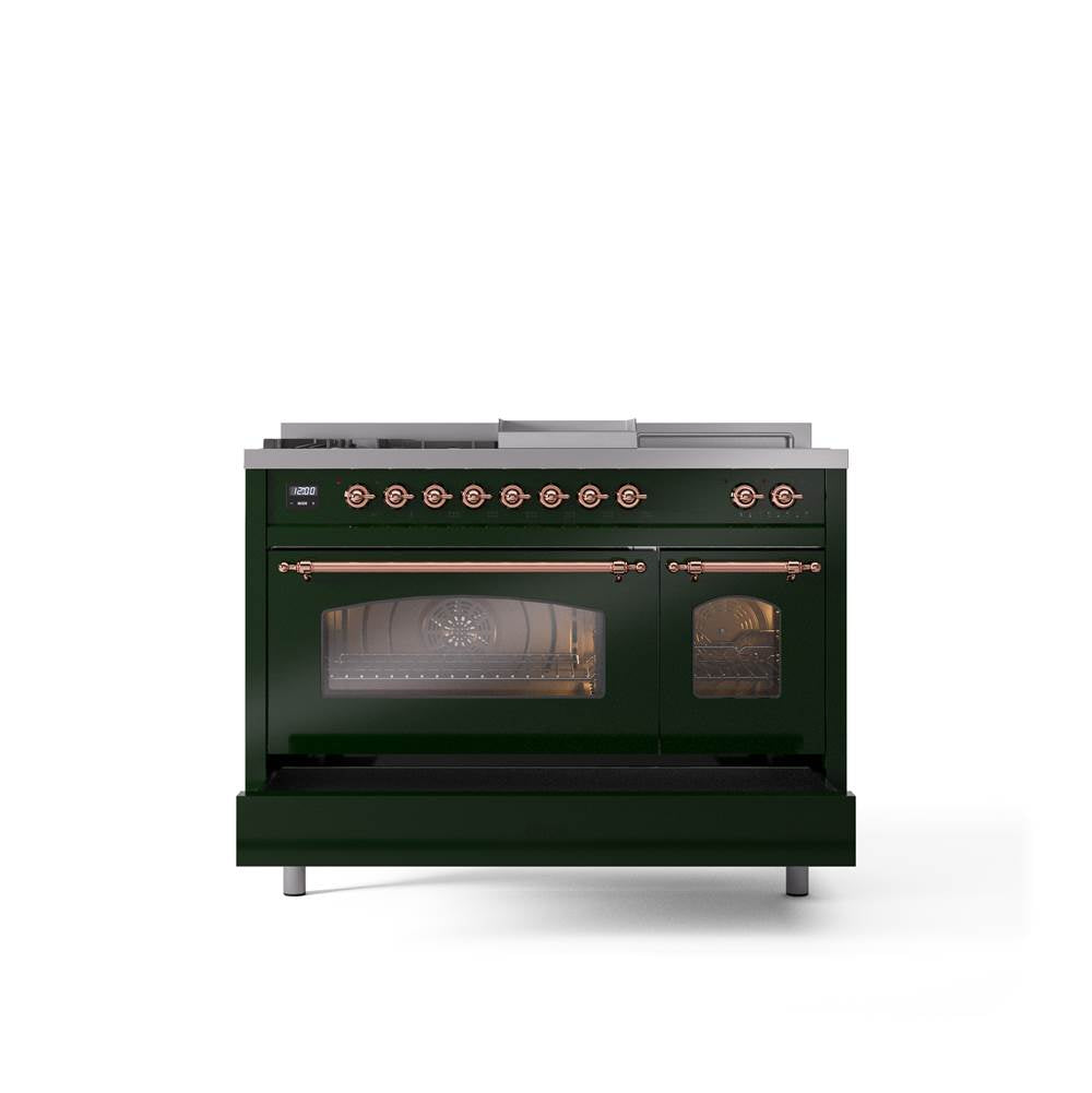 48'' Nostalgie II Series Freestanding Dual Fuel Range - Double Oven - Emerald Green - Bronze trim - Griddle, Coup de Feu,- Natural Gas