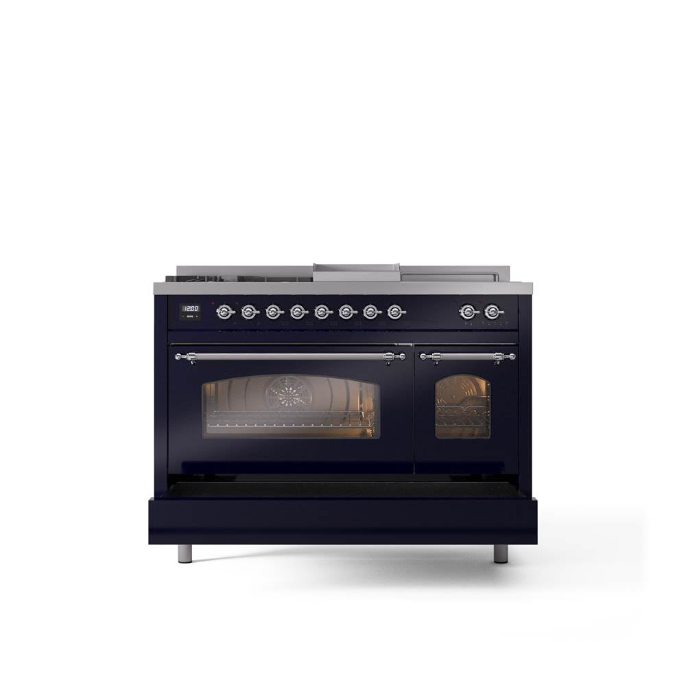 48'' Nostalgie II Series Freestanding Dual Fuel Range - Double Oven - Midnight Blue - Bronze trim - Griddle, Coup de Feu,- Natural Gas