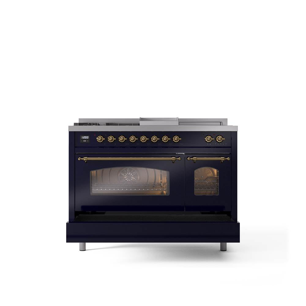 48'' Nostalgie II Series Freestanding Dual Fuel Range - Double Oven - Midnight Blue - Bronze trim - Griddle, Coup de Feu,- Natural Gas