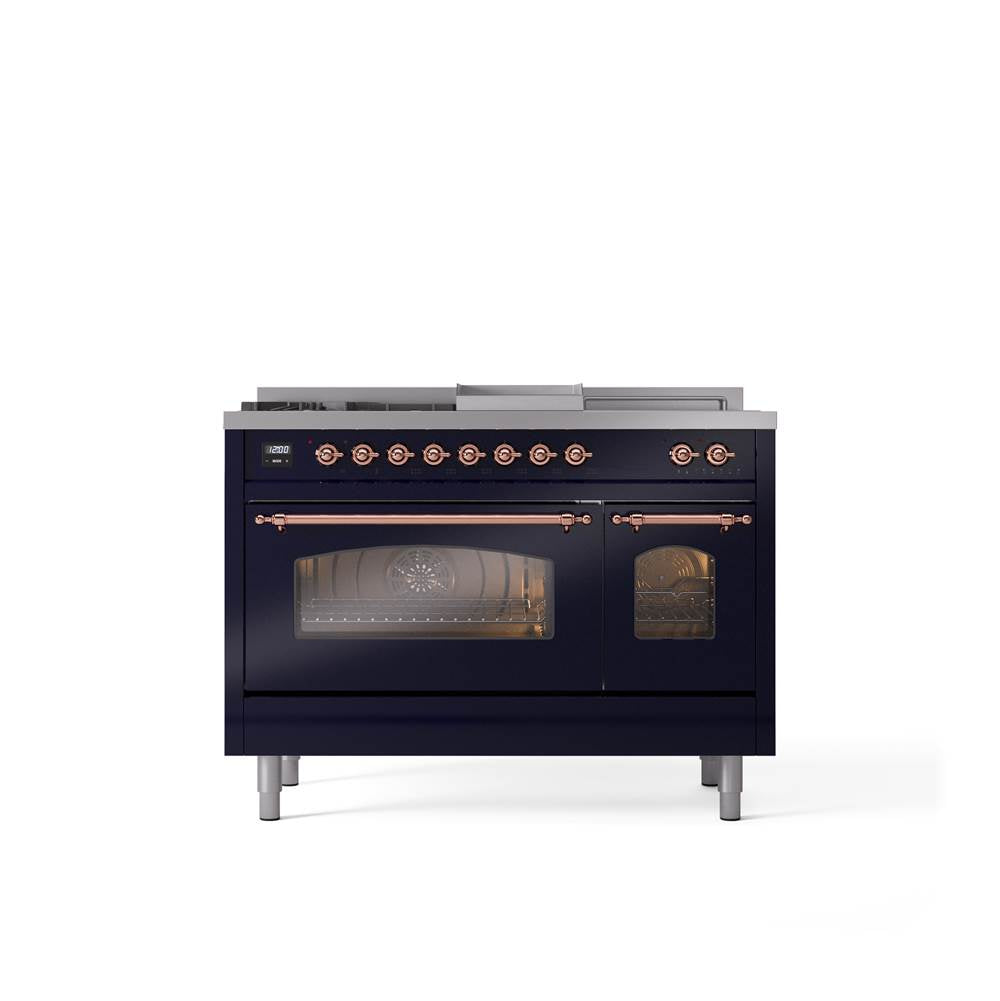 ILVE - 48'' Nostalgie II Series Freestanding Dual Fuel Range - Double Oven - Midnight Blue - Copper trim - Griddle, Coup de Feu,- Natural Gas - Copper
