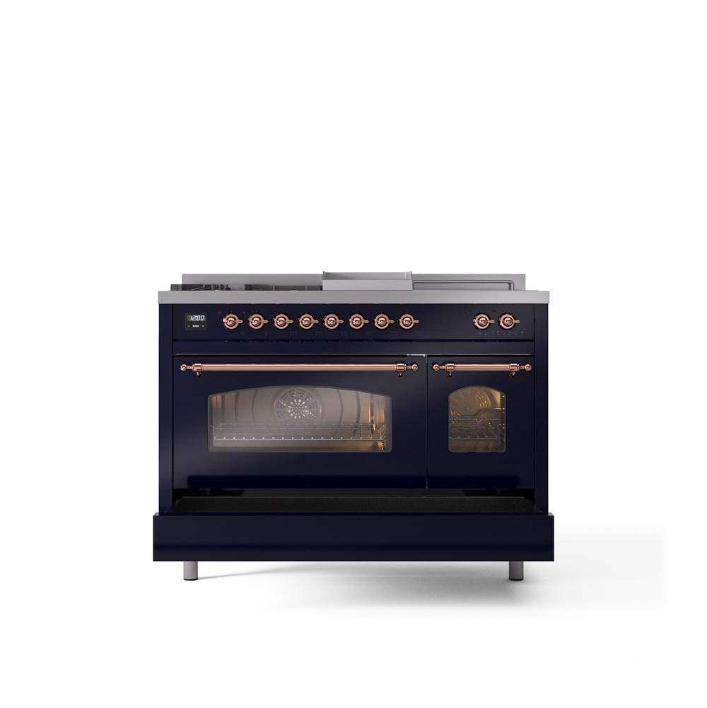 48'' Nostalgie II Series Freestanding Dual Fuel Range - Double Oven - Midnight Blue - Bronze trim - Griddle, Coup de Feu,- Natural Gas