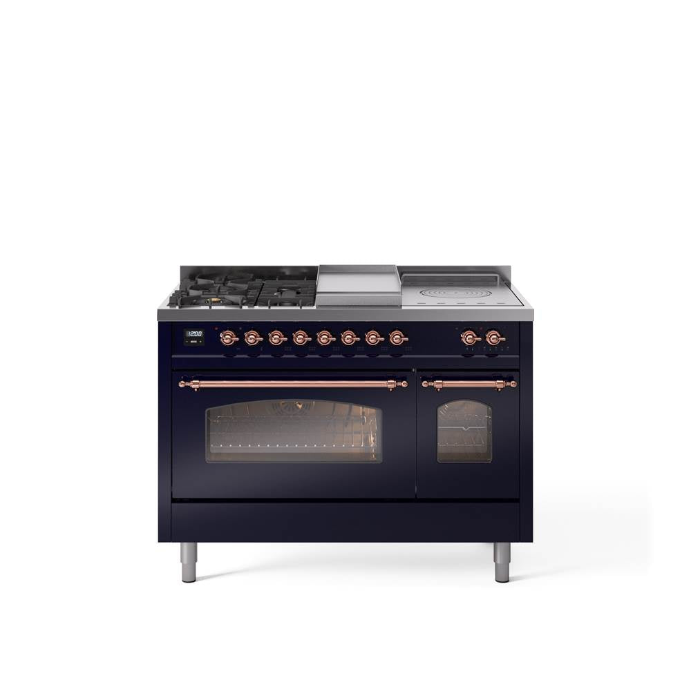 48'' Nostalgie II Series Freestanding Dual Fuel Range - Double Oven - Midnight Blue - Bronze trim - Griddle, Coup de Feu,- Natural Gas