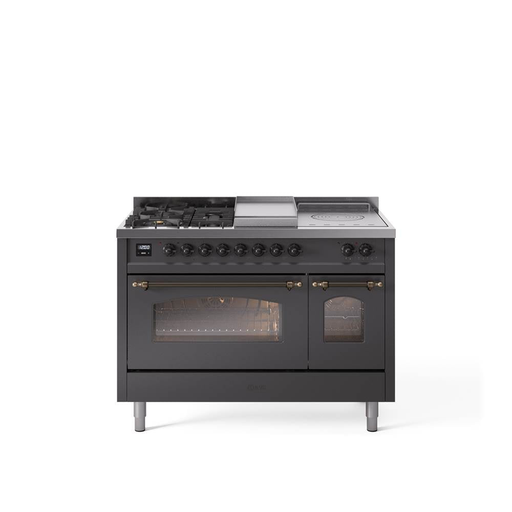 48'' Nostalgie II Series Freestanding Dual Fuel Range - Double Oven - Matte Graphite - Bronze trim - Griddle, Coup de Feu,- Natural Gas